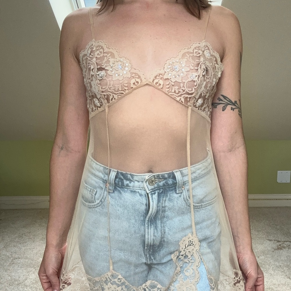 Beige sheer lingerie babydoll top